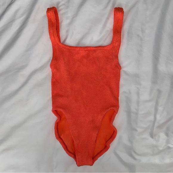 New Hunza G Swimsuit Orange Crinkle Classic Square Neck One Piece Monokini - Picture 8 of 9